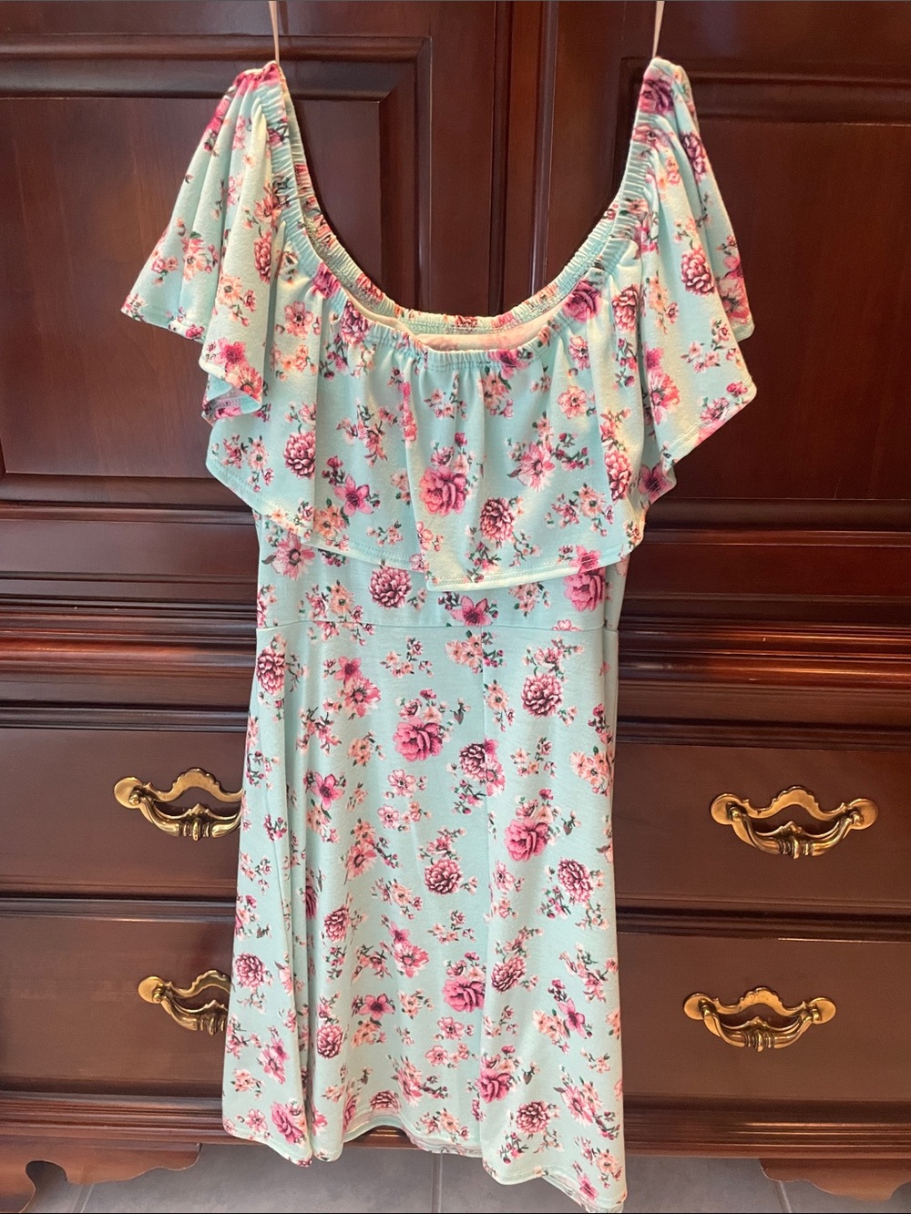 Joe Boxer Mint Green Floral Off-Shoulder Dress with Pink Roses - Picture 2 of 2